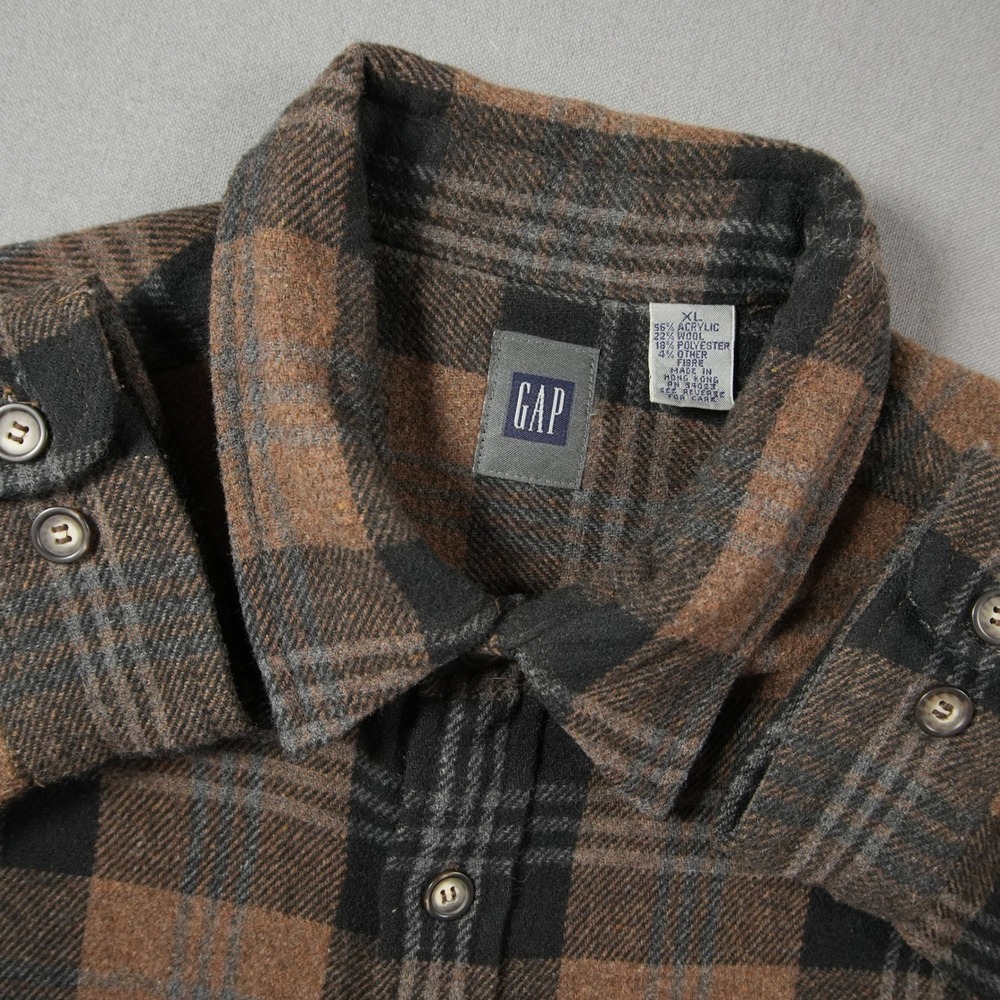 Vintage 90s GAP Flannel Plaid Wool Blend Button Down Shirt Mens XL Brown Skater